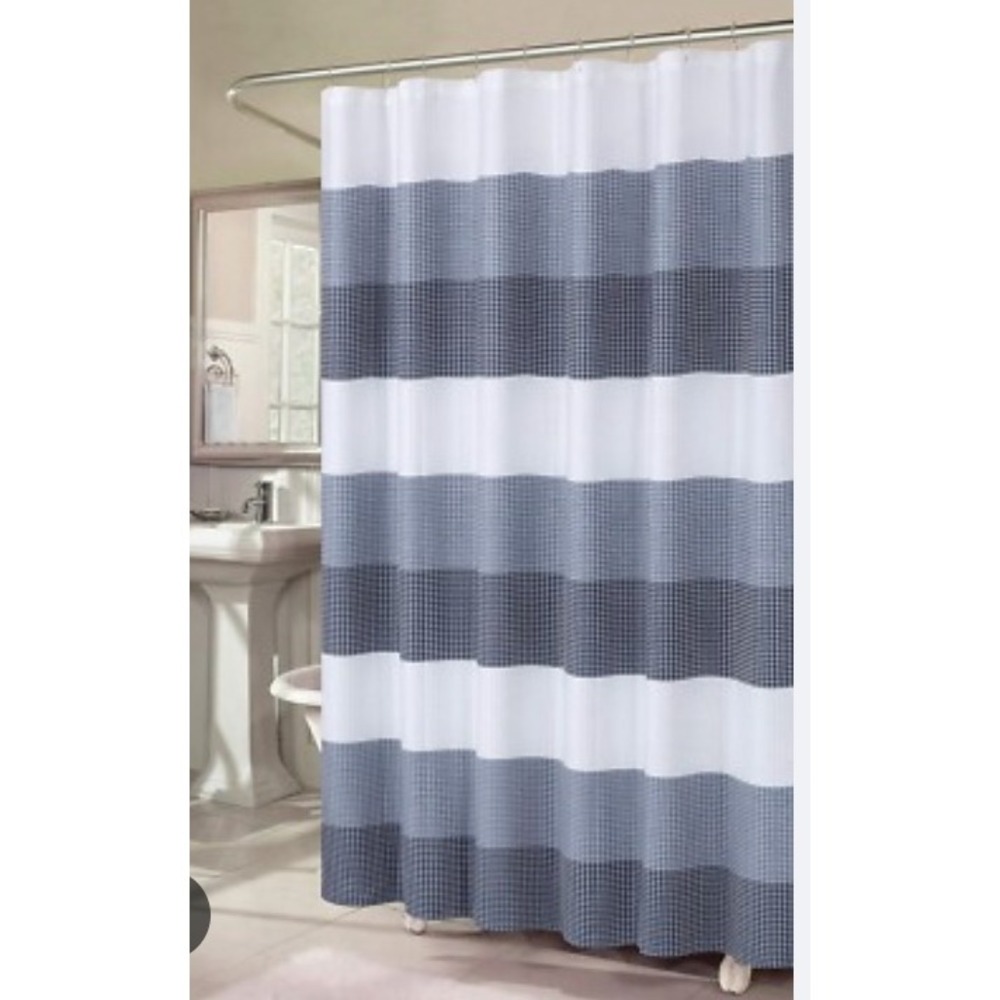 Ellen Tracy Black White Grey Waffle Weave Geometric Shower Curtain OMWSCBK